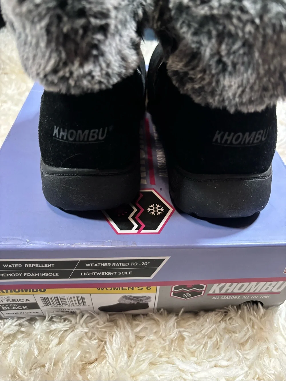 NIB Khombu Jessica Black Ankle Winter Boots with Gray Faux-Fur Cuff-size 6